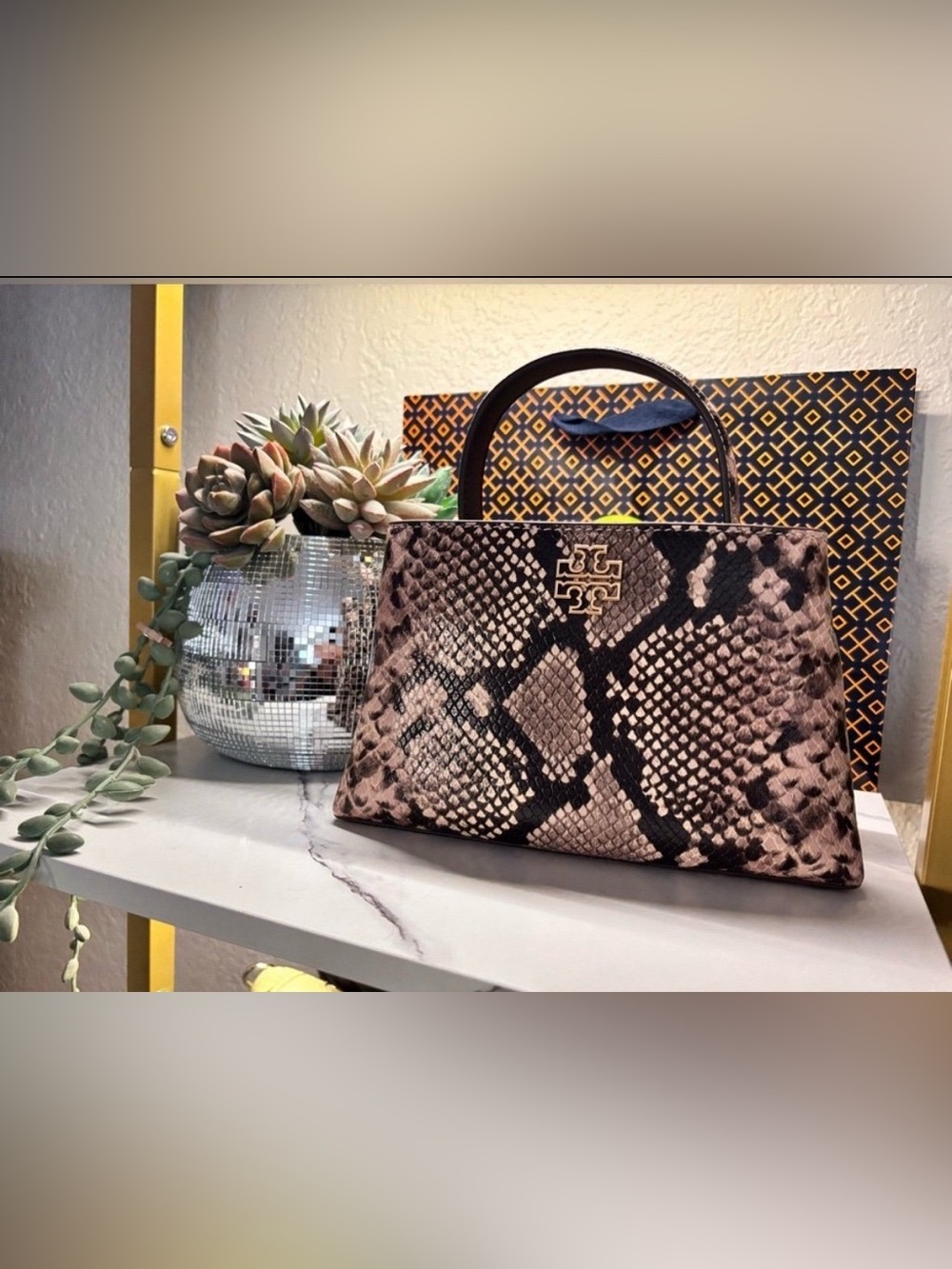 Tory Burch Taupe Snake-Print Top Handle Satchel with Gold Logo